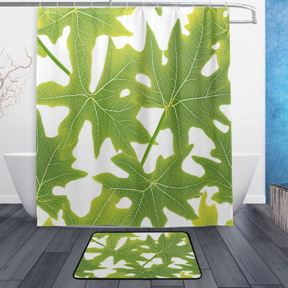 Bath Curtain & Non-Slip Bath Mat Set 12-Grommet Shower Curtain Memory Foam Bath Rug Green Leaves Pattern