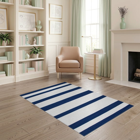 ODIKA Striped Nautical Navy Cabana Contemporary Geometric Sriped Stripped Pet Friendly & Kids Safe Play for Playroom, Bedroom, Reading Nook