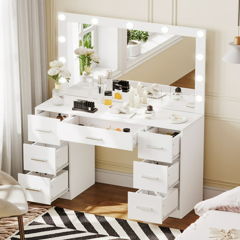 LED Bulbs Mirror Drawers Dressing Table Set White - Walmart.com