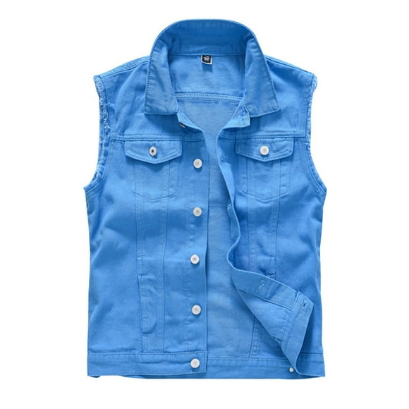 Men's Denim Vest Lapel Sleeveless Slim Fit Retro Ripped Button, 80s Rock Style, L-XXXXXL