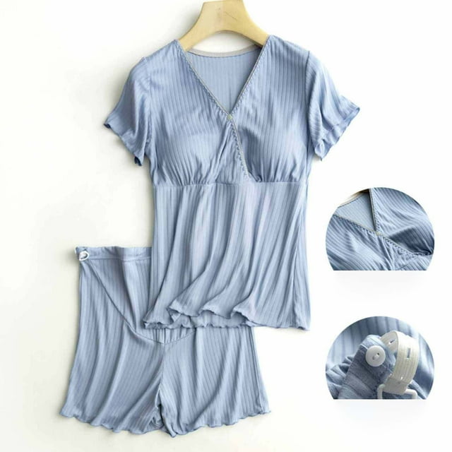 TIMIFIS Hauts de Maternité pour Femmes Enceintes Allaitement Couleur Col Rond Manches Courtes Blouse d'Allaitement Ensemble Deux Pièces