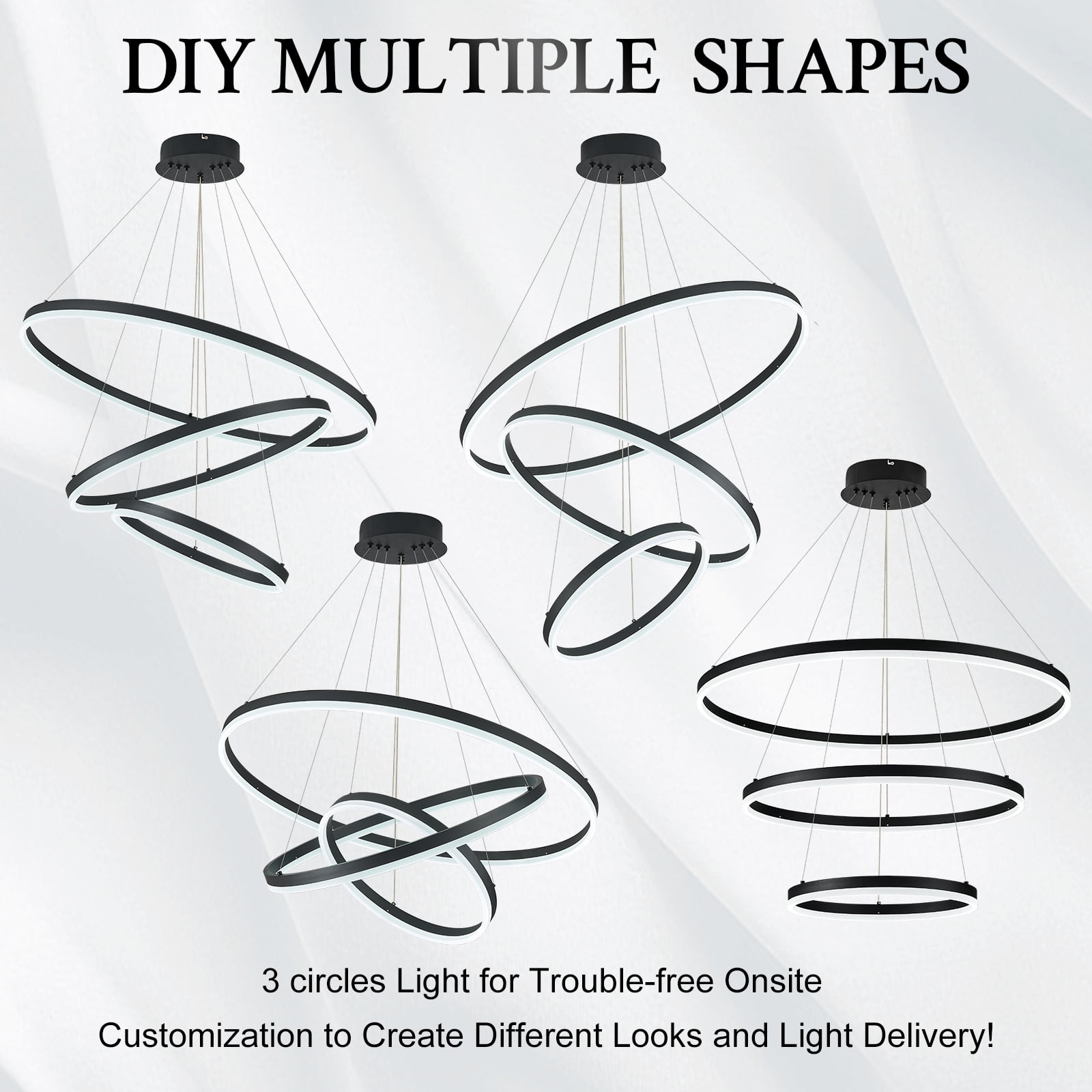 3-Rings Modern LED Chandelier Black, Dimmable Pendant Lighting with Remote Control Circular Flush Mount High Ceiling Light for Living Room Dining Room Foyer, 3000K-6500K D31.5"