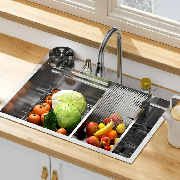 30x22Inch Drop In Kitchen Sink with Faucet Combo, Brushed Stainless Steel Single Bowl, Modern Kitchen Sink with Accessories