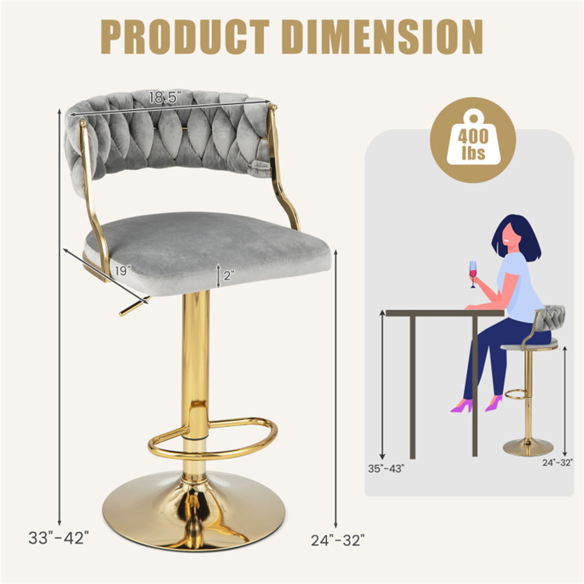 Demi Bonn Swivel Barstool with Woven Back Set of 2 for Kitchen Island Cafe Dining Chairs, Gray