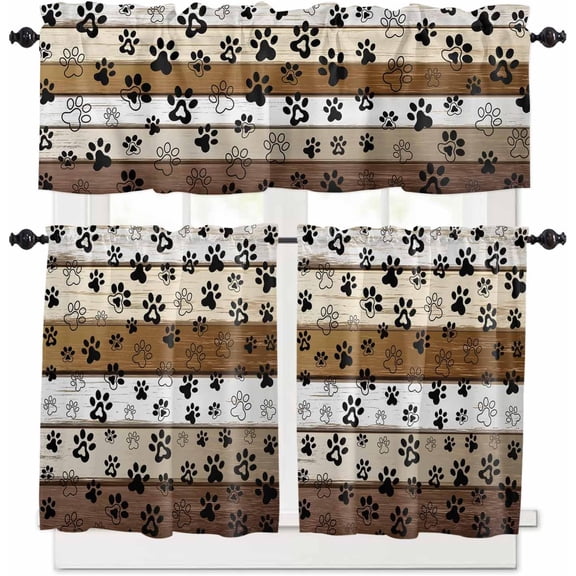 Dog Paw Kitchen Curtains and Valances Set, Farmhouse Wood Grain Rod Pocket Window Valance 18 Inch Vintage Brown Board Window Curtain Panels for Living Room Bedroom Laundry, 27.5x24in, 3 Pieces