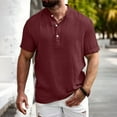 thumbnail image 2 of Timoontee Men's Summer Beach Vacation Shirt Short Sleeve Mock Neck Shirts Solid Quarter Button Pullover Tops Breathable Casual Workout Shirts Wine XL, 2 of 9