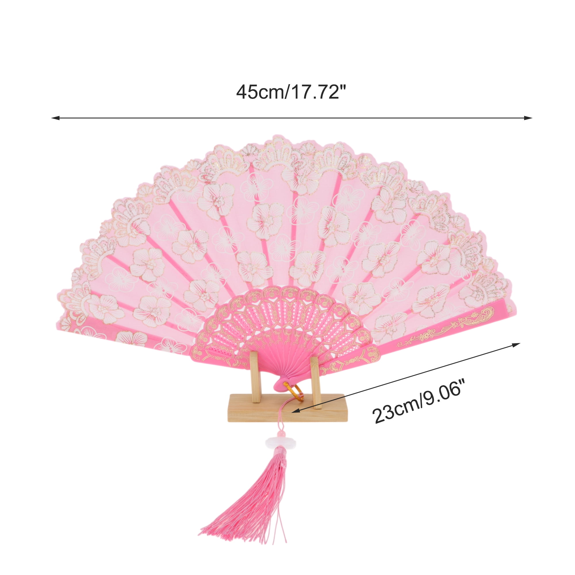 Unique Bargains Elegant Cherry Blossom With Tassel Folding Fan 1 Pc Pink
