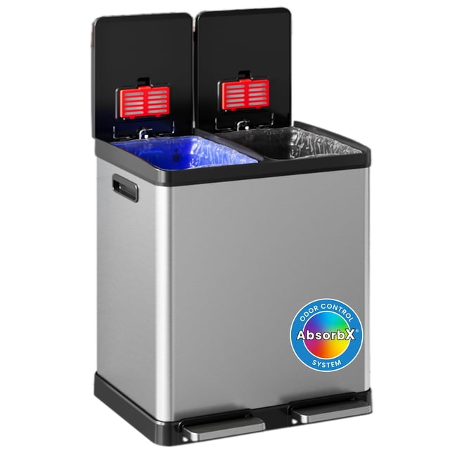 iTouchless Bote de basura de doble paso para cocina de 16 galones y cubo de reciclaje, acero inoxidable, incluye 2 cubos interiores extraíbles de 8 galones (30 L), tapa de cierre suave y he