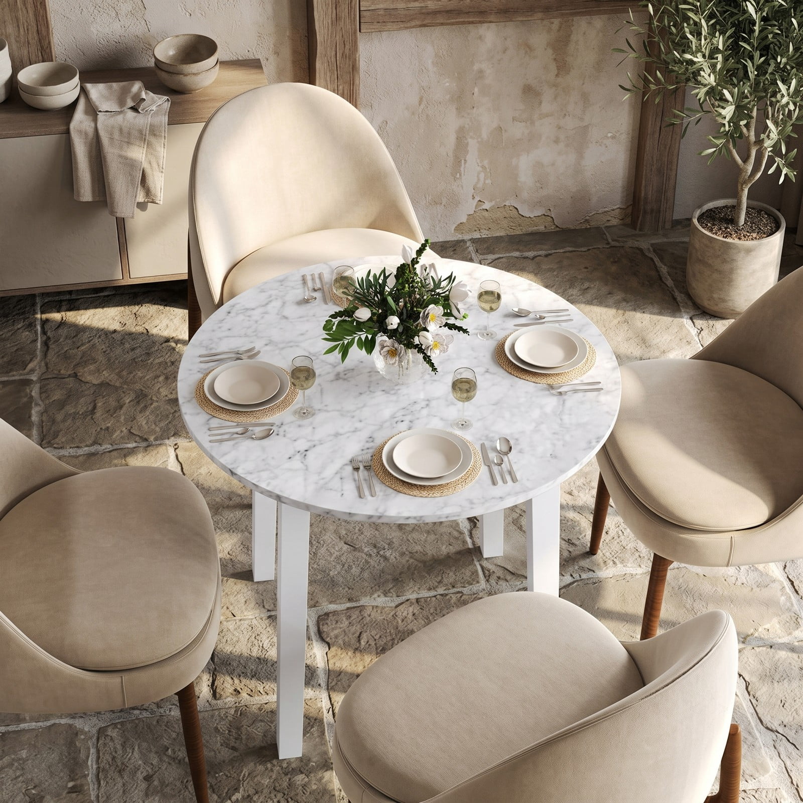 Furnibear 35 Inch Round Dining Table, Marble-Textured Veneer Kitchen Table with Rubber Wood Legs for 2-4 People, Small Space Bistro Dinner Table for Kitchen, White