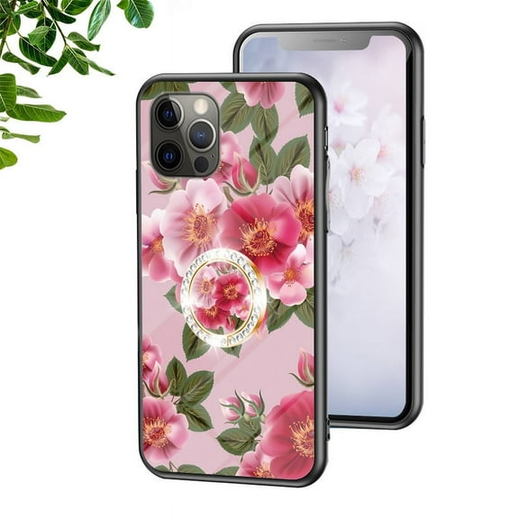 Dteck Case for iPhone 13 Pro , Luxury Flower Pattern Ring Holder Stand Glass Phone Back Case Cover For iPhone 13 Pro, 6.1 inch (glamorous peony)