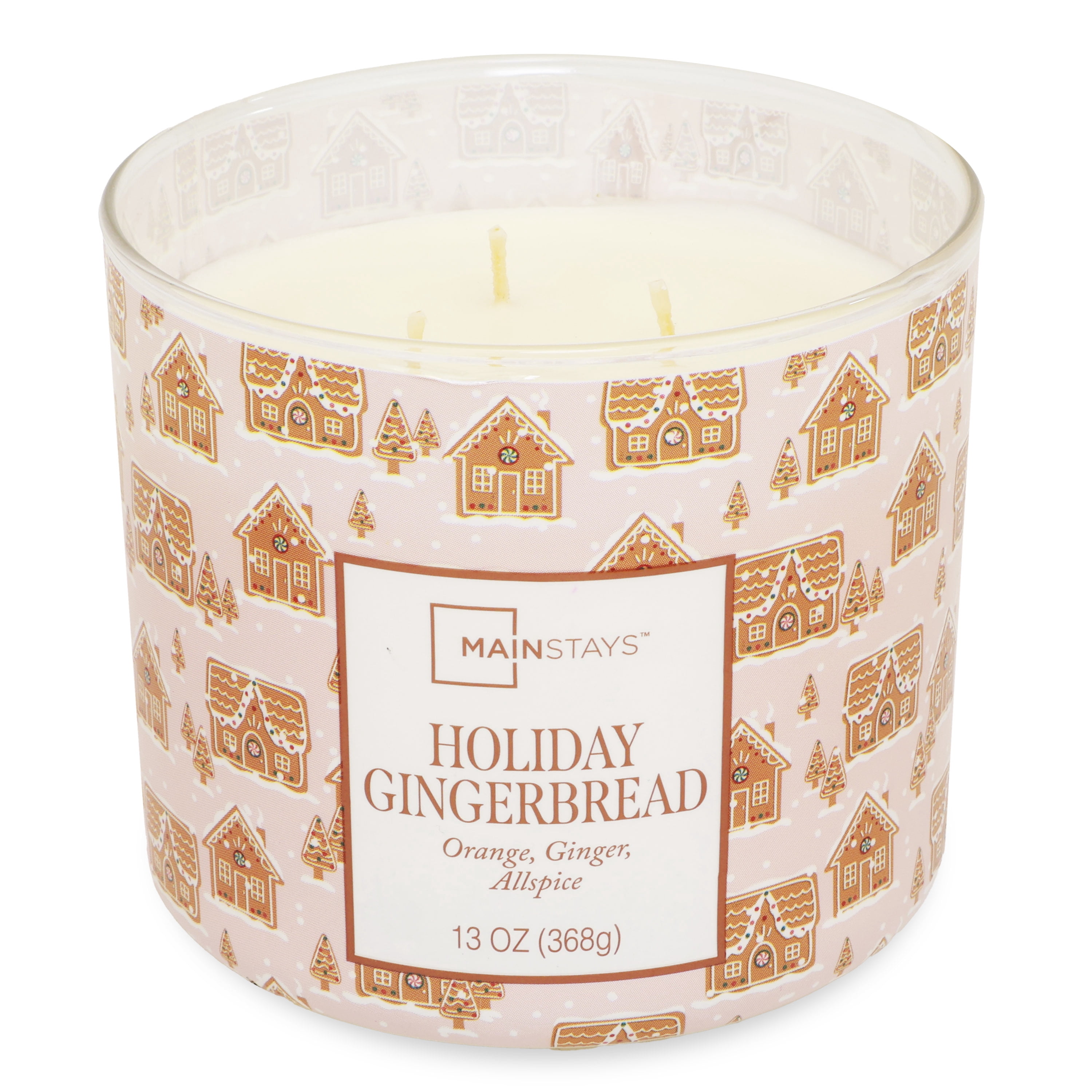 Mainstays 3-Wick Holiday Gingerbread Scented Candle with a Gingerbread House Scene Wrap, 13-Ounce