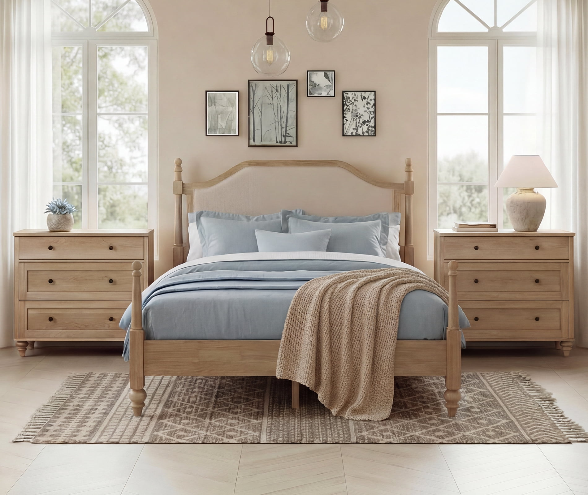 3-Piece Queen Bedroom Set, Wood Platform Bed Frame with Upholstered Headboard & 2 Storage Nightstands, Oak