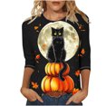 thumbnail image 2 of VKOYWKM Women Halloween T-Shirts 3/4 Sleeve Pumpkin Black Cat Graphic T Shirts Fall Crew Neck Halloween Costumes, 2 of 4