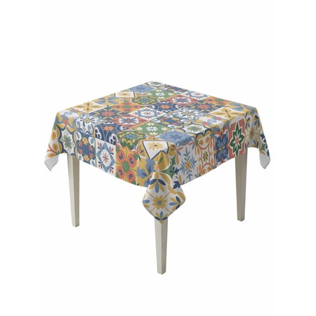 Vintage Mediterranean Table Cloth Waterproof Tablecloth for Square Tables Blue and Yellow Tiles Texture Reusable Washable Fabric Table Cover for Restaurant Kitchen Dining Tables 60 x60