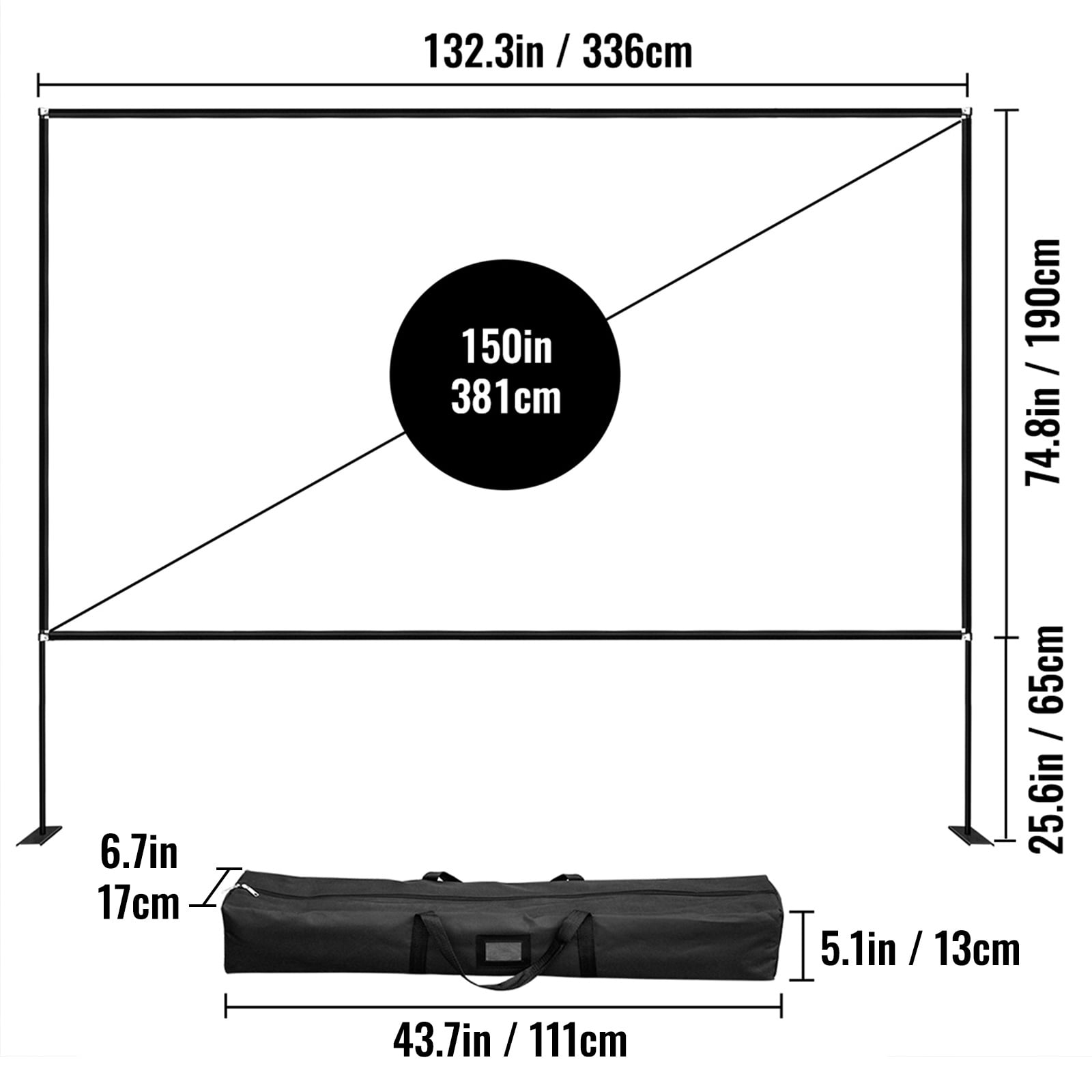 KFFKFF Outdoor Movie Screen w/ Stand, 150" Portable Movie Screen, 16:9 HD Wide Angle Outdoor Projector Screen, Front & Rear Projection,
