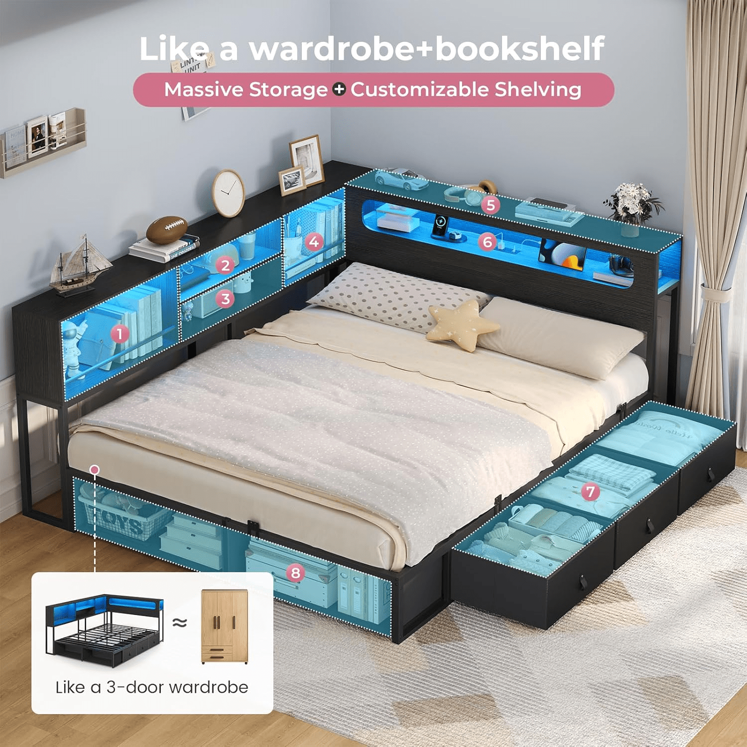 Kicode, Twin Corner Bed Frame with Storage, Size: Twin, Black