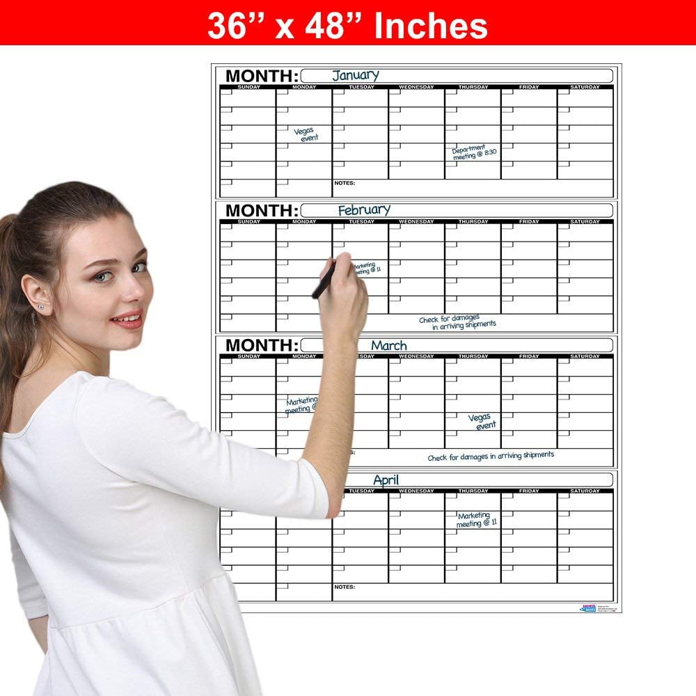 Scribbledo Large Dry Erase Monthly Wall Calendar 36 x 24 Big Reusable Schedule Planner Includes 4 Markers 1 Eraser and Mounting Tape