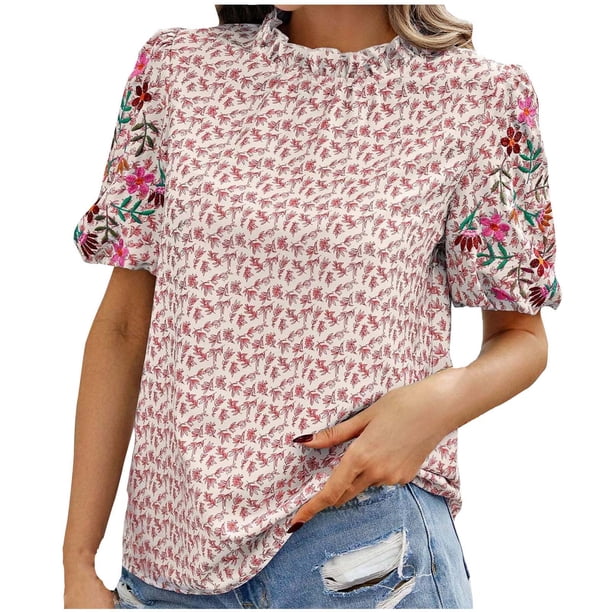 Blusas de Manga Corta para las Mujeres Imprimir Cuello de Pie Top Casual, Blusas para las Mujeres Casual