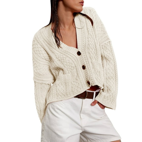 iHPH7 Cropped Cardigan Cable Knit Cardigan Women Travel Cardigan Travel Sweater Long Sleeve Sweaters for Women Button Down Sweaters for Women Fall Clothes Beige L