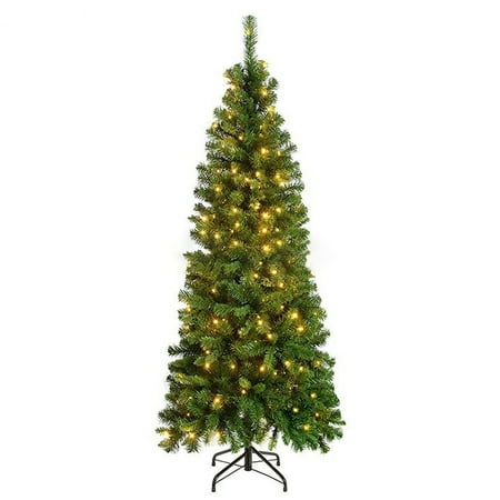 Behome 6ft Artificial Pre-Lit Pencil Christmas Tree with 8 Lighting Modes Slim Christmas Tree with 250 Lights 680 Branch Tips & Metal Stand Home Office Holiday Party Indoor/Outdoor Xmas Decoration