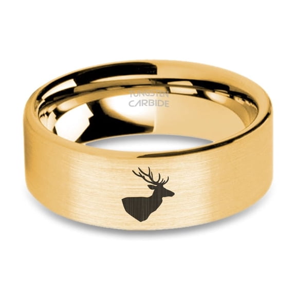 Buck Head Stag Engraved Brushed Yellow Gold Tungsten Wedding Band, 8mm, Size 15
