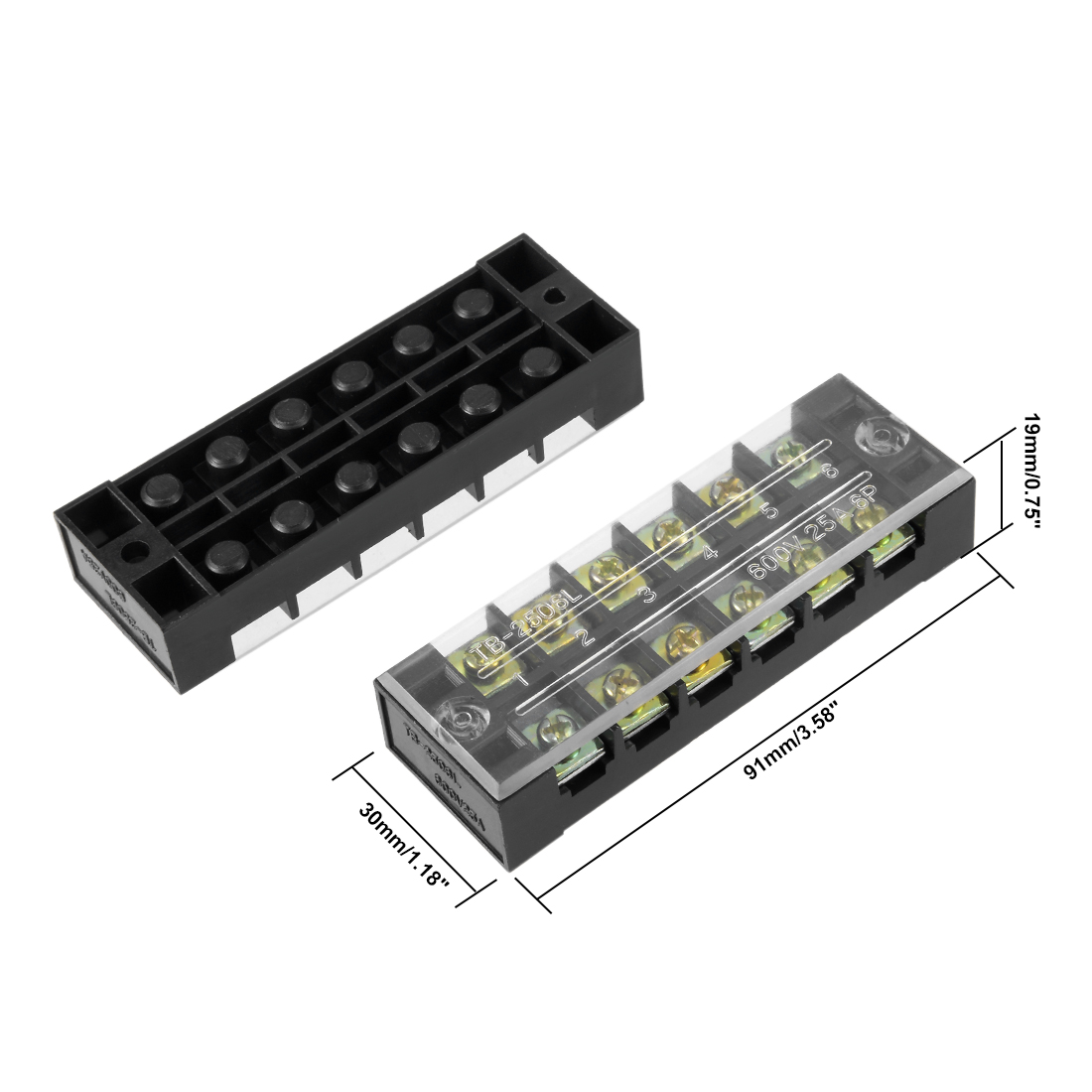 Sourcing Map 2 Pcs 6 Position Dual Row Barrier Terminal Block - 600V 25A, With Clear Cover