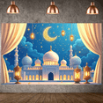 thumbnail image 5 of Golden Calligraphy Ramadan Banner Blue Night Sky Islamic Backdrop Ornate Crescent Moon Illuminated Lanterns Mosque Scene Display for Ramadan Celebration Family Gathering Religious Ceremony, 5 of 9