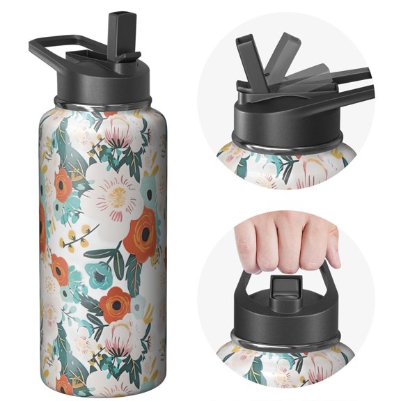 32oz Premium Insulated Stainless Steel Sports Flowers Themed Water Bottle with Handle Lids Wide Mouth, Double Walled, Leakproof, 24Hrs Cold 12Hrs Hot, Gym Flask
