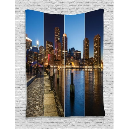 Boston Cotton Tapestry - American Tapestry, Boston Skyline Day and Night Cityscape Skyscraper Reflection in Water Metropolis, Wall Hanging for Bedroom Living Room Dorm Decor, Multicolor, by Ambesonne
