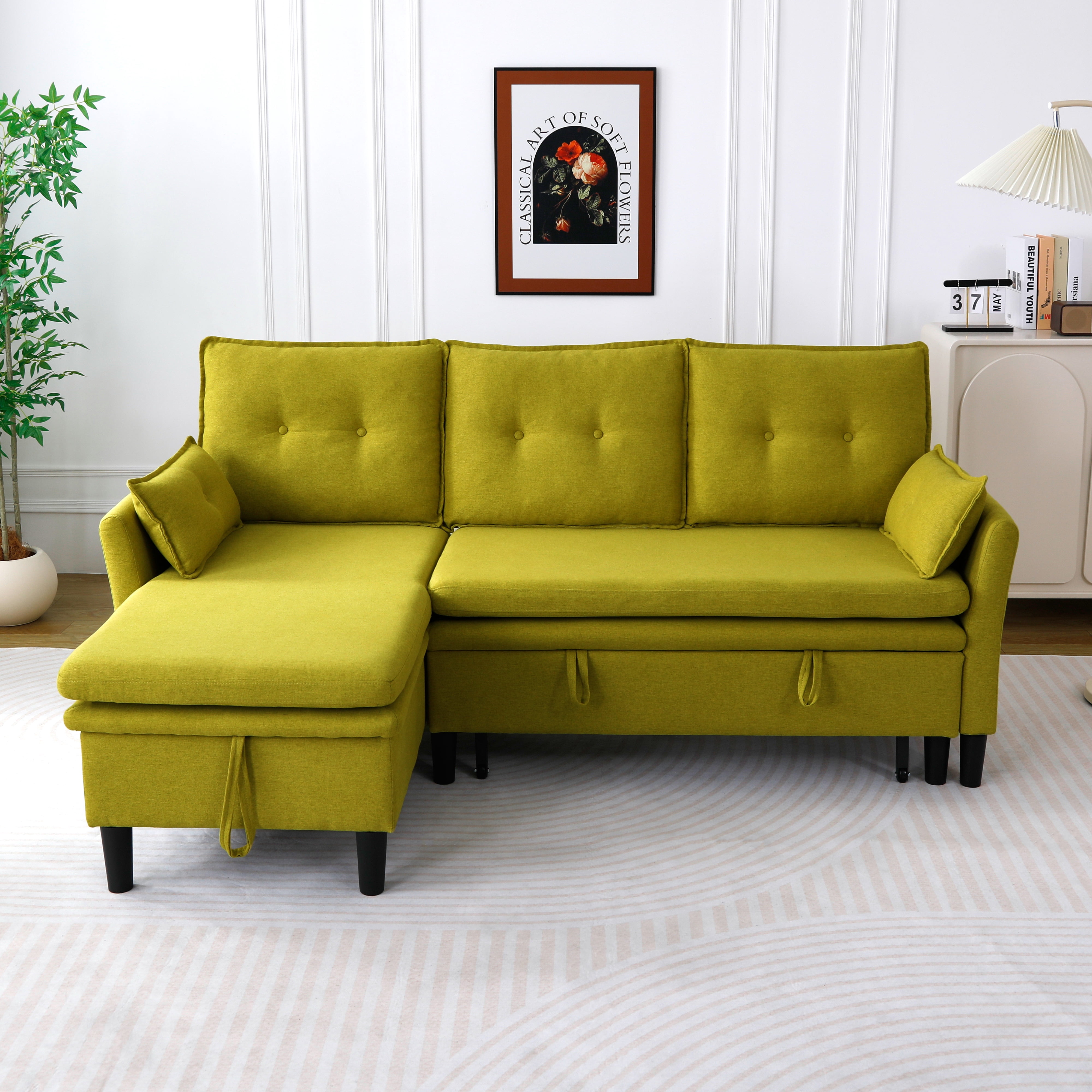 Gewnee L-Shaped Sectional Sofa,Reversible Chaise with Storage,Pull-Out Type Sofa Bed.Suitable for Apartments & Offices.Green