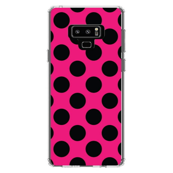 DistinctInk Clear Shockproof Hybrid Case for Samsung Galaxy Note 9 - TPU Bumper, Acrylic Back, Tempered Glass Screen Protector - Black & Hot Pink Polka Dots