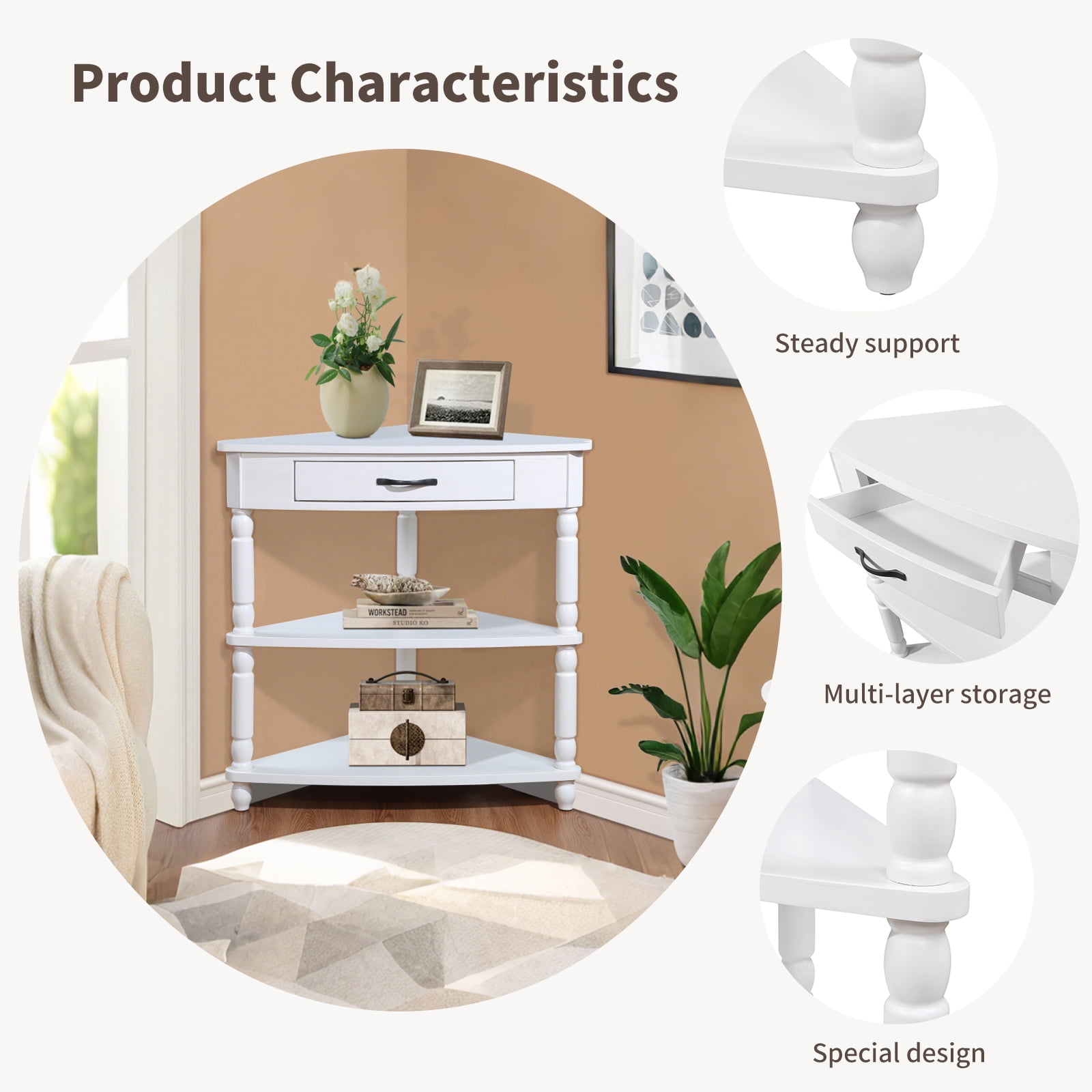 3-Tier Corner Shelf Unit for Small Spaces - Triangular Storage Rack with Solid Wood Legs, Multi-Functional Apartment & Living Room Furniture, Easy Assembly (Milk White)
