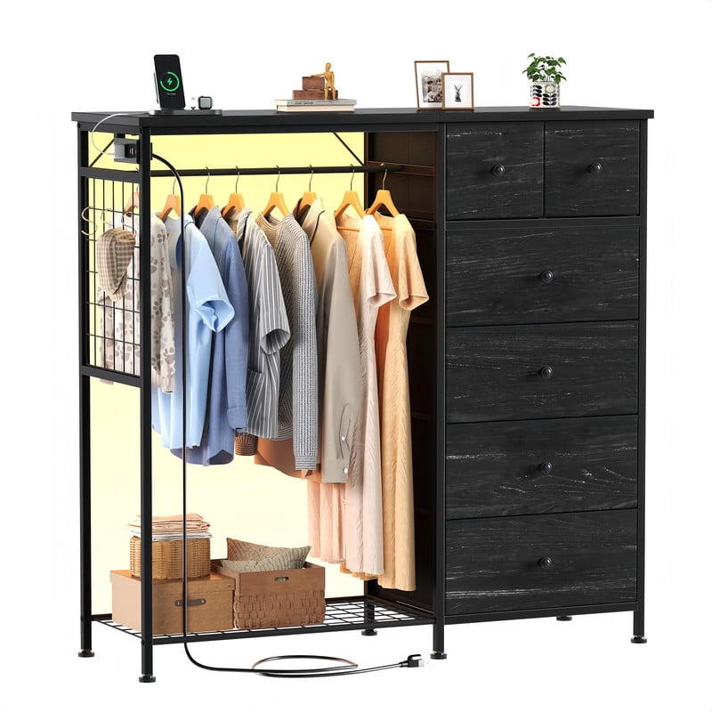 BEAUTYPEAK 6-Drawer Fabric Dresser with Hanging Rack LED Lighting Built-in Charging Station Multi-Purpose Closet, Wood Grain Black