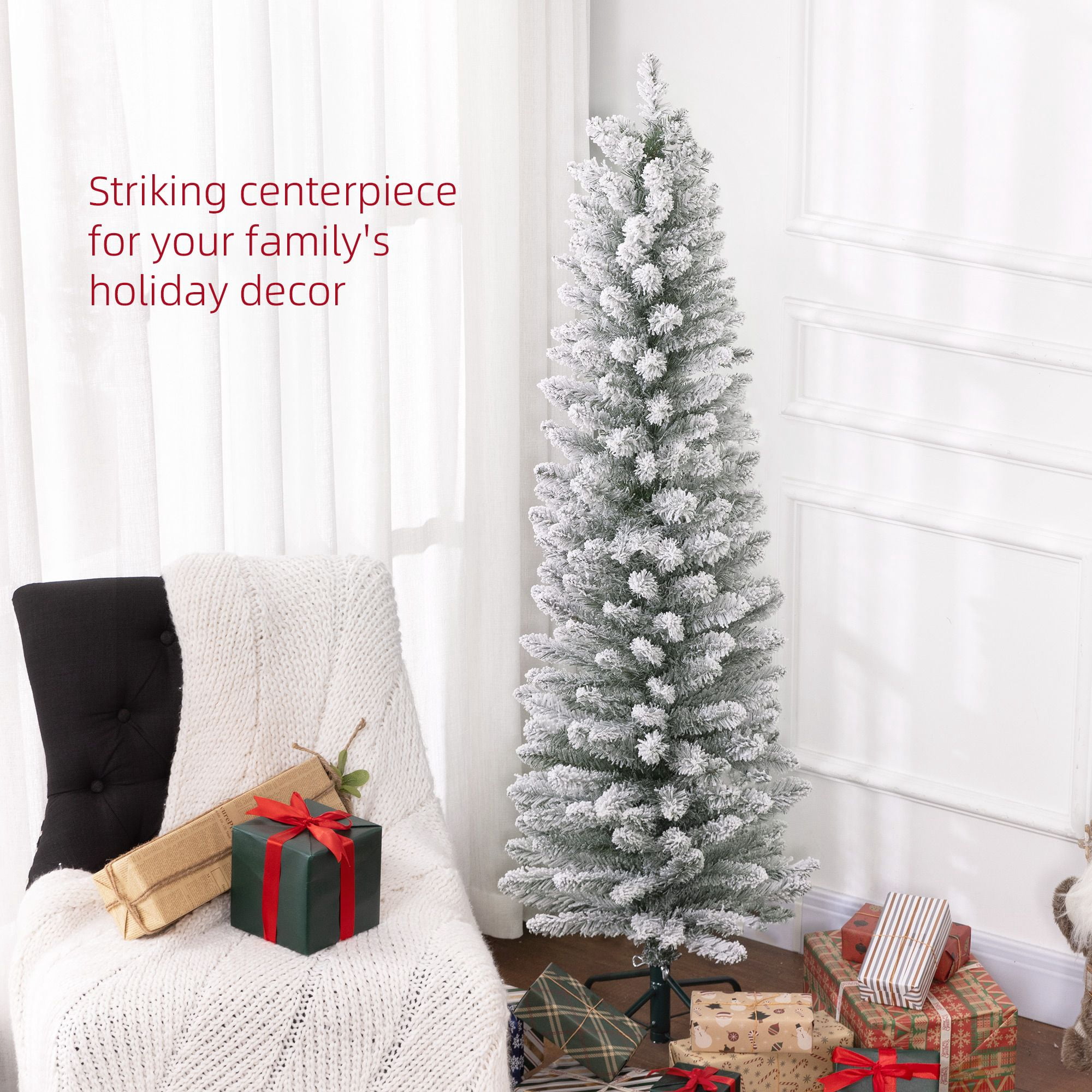 5 ft Artificial Christmas Tree with Snow Flocked Branches, Pencil Design, Metal Base, 263 Tips, Indoor Holiday Decoration