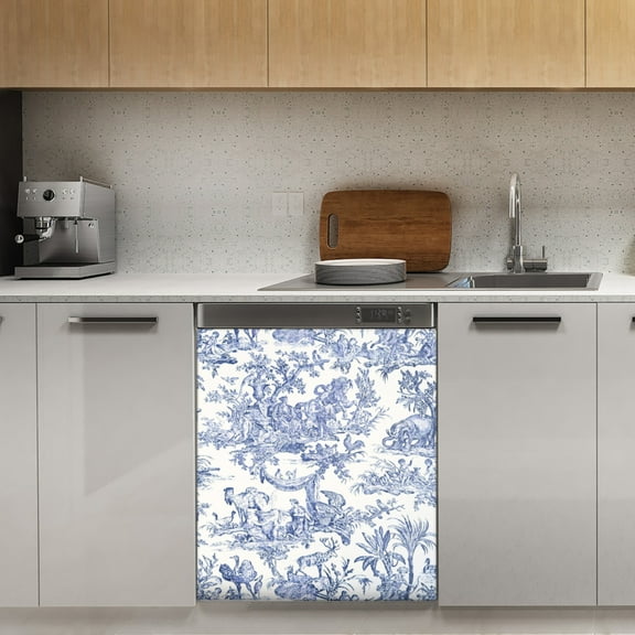 Blue Toile de Jouy Dishwasher Magnet Cover Decorative Sticker for Home Cabinet Kitchen 23" x26"
