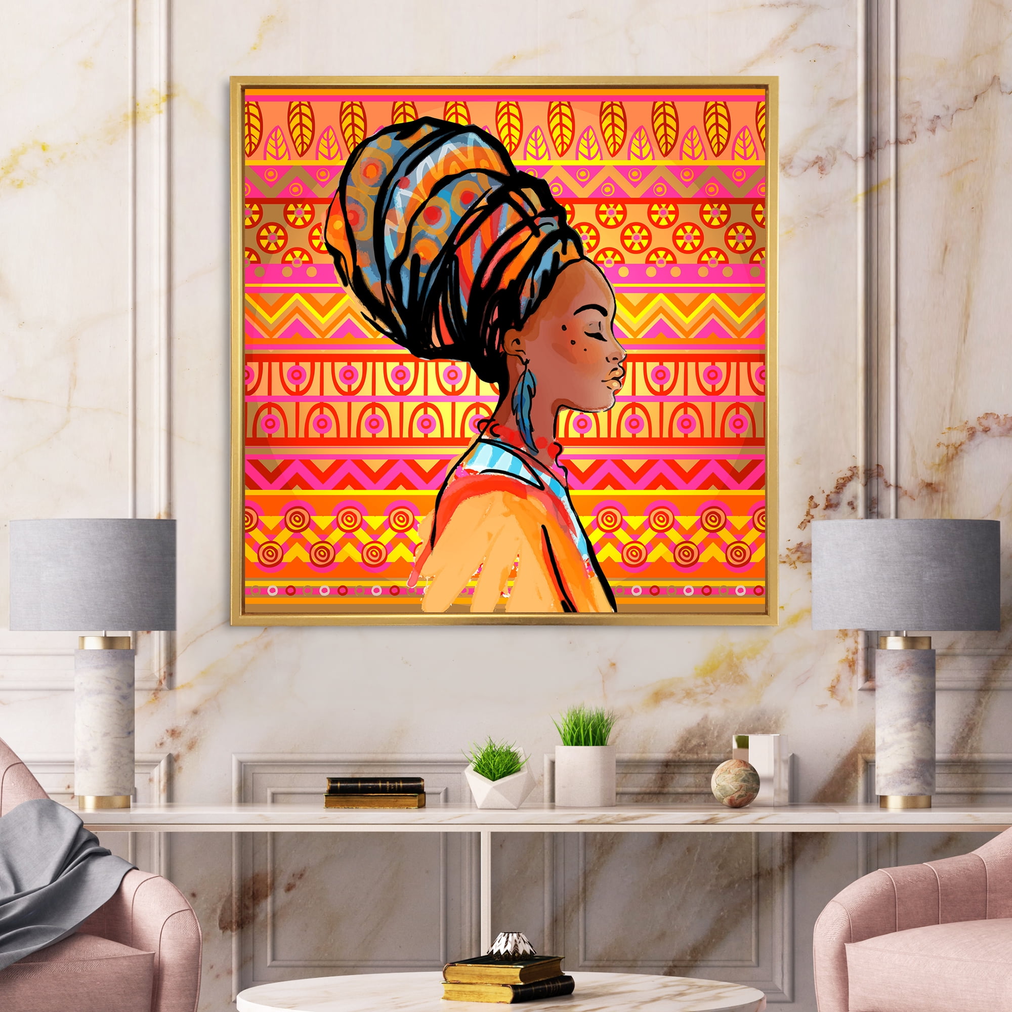 Designart 'Portrait of African American Woman With Turban I' Modern Framed Canvas Wall Art Print