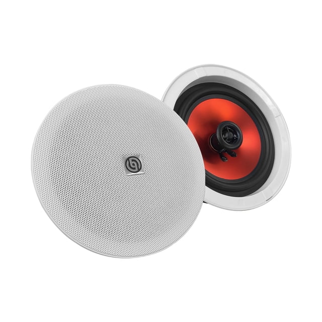 bocinas plafón bluetooth amplificada steelpro 6.5 pulg color blanco, par empotrable con rejilla circular blanca y cono rojo metálico visible en una unidad; montaje para techo o pared, suspensión de butilo y cono PP laminado metálico, 150W RMS (300W máx.), ideal para audio ambiental en salas, cocinas y oficinas.