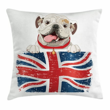 Union Jack Cushions (English Bulldog Throw Pillow Cushion Cover, Happy Pet Bulldog Holding a Union Jack Flag of the Great Britain, Decorative Square Accent Pillow Case, 16 X 16 Inches, Cream Navy Blue)