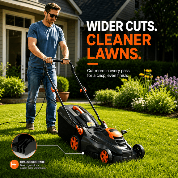 Compact Corded Electric Lawn Mower, 13Amp 120V Push Mower with 16-Inch Deck, 5 Cutting Heights, Vertical Storage, Fold-Down Handle, 13-Gal Collection Bag for Home Lawn Care