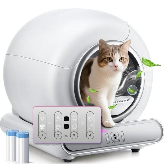 Automatic Self Cleaning Litter Box for Multiple Cats, 65L 9L Large Capacity, APP Remote Control with Health Monitoring, Odor Control, Quiet Operation, Included 2 liners, White