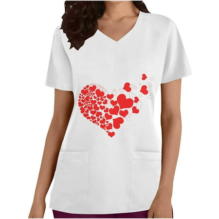 

Qiaocaity Women Tops Summer Valentine s Day Print Scrub Tops Working Uniform with Pocket Medical Scrub Top V-Neck Short Sleeve Tops 2023 Savings Clearance! Red L