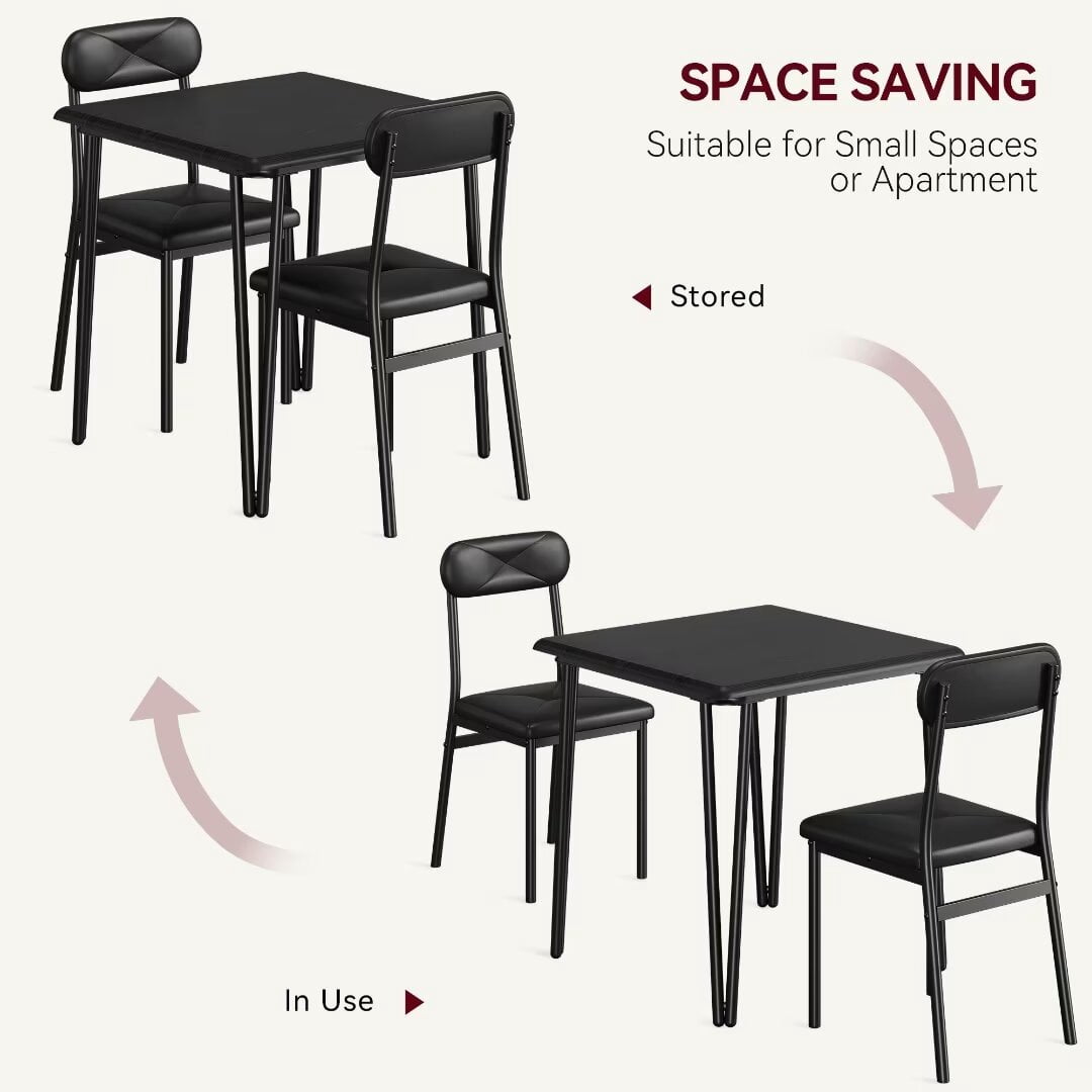 2-Person Dining Table Set With 2 Chairs - Square Kitchen Table, MDF Top, Upholstered Seats, Dark Gray