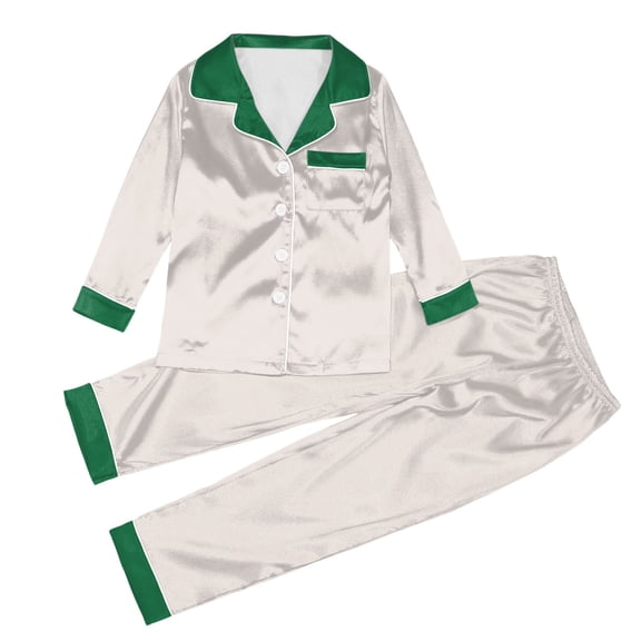 HAYIMI Child Kids 2 Piece Satin Pajama Set Long Sleeve Button Down Shirt and Pants with Red Contrast Collar & Chest Pocket Sleepwear Soft Nightwear