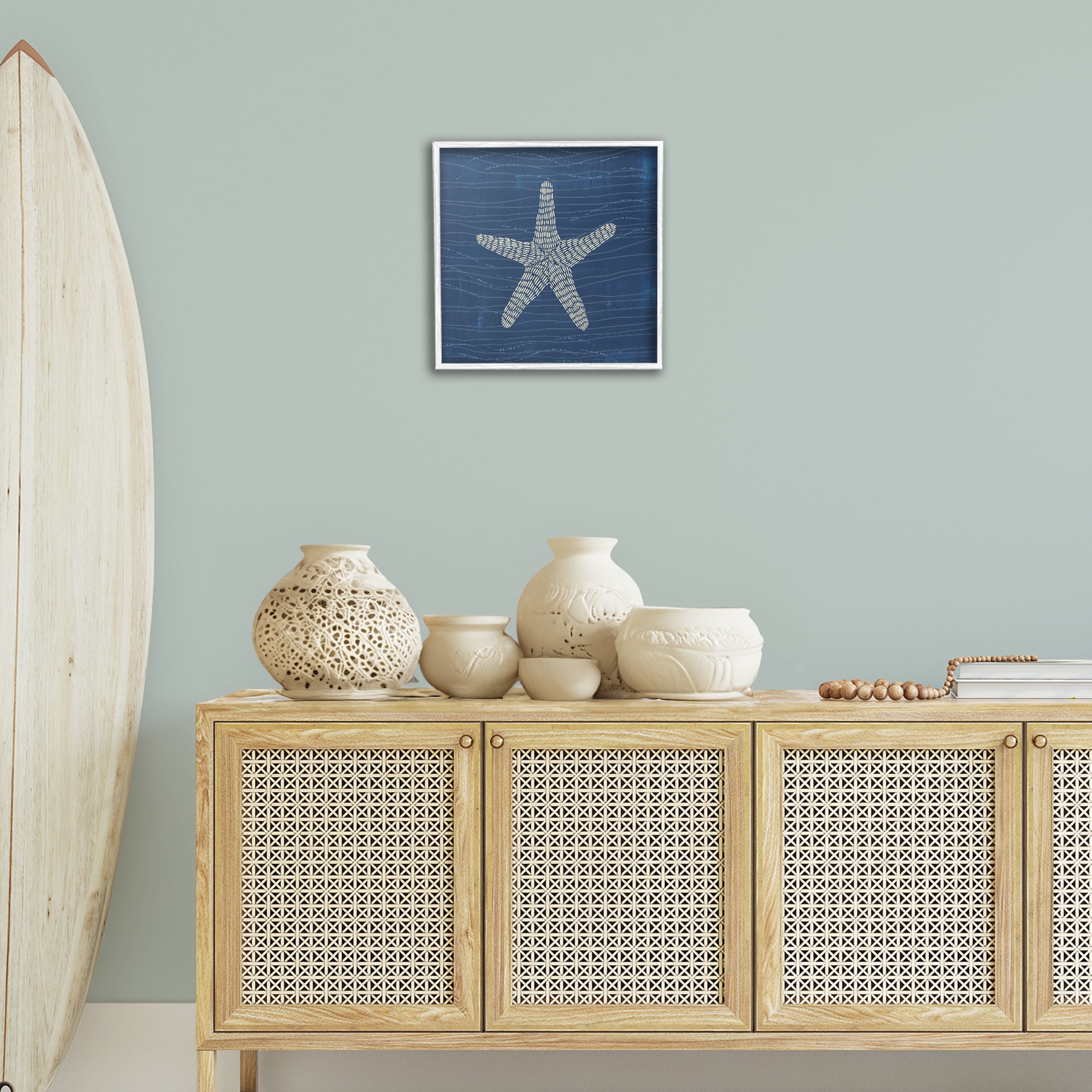 Stupell Industries Starfish on Blue Coastal Painting White Framed Art Print Wall Art, 17 x 17