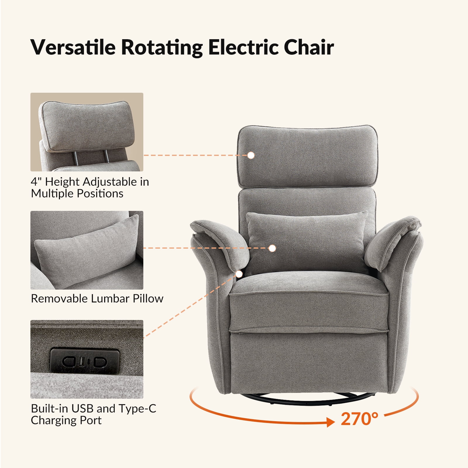 Nursery Recliner Chair Electric Power Glider Swivel Rocking with USB, Waterproof Stain-resistant, Gray