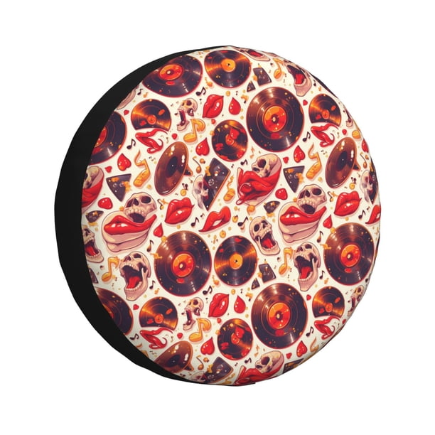 Fotbe Skull rock record music heart Funda de Llanta de Repuesto con Estampado, Engrosada, Ajuste Universal para Jeep, Remolque, RV, SUV, Camión-16 inch