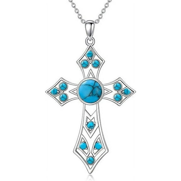 AOBOCO Cross Necklace for Men Women 925 Sterling Silver Cross Pendant with Turquoise Religious Jewelry Gifts for Women Wife Girlfriend