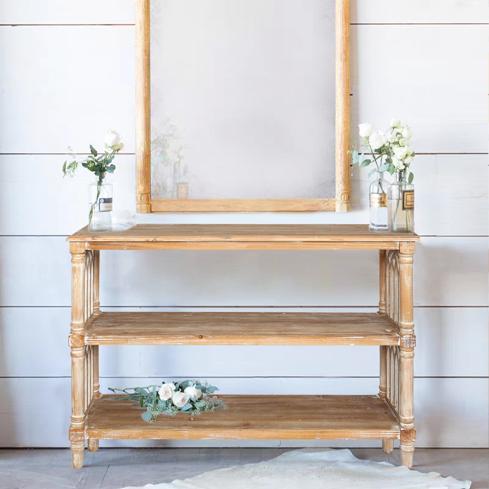 AENKYO 3-Tier Gothic Hallway Console Table, Distressed Finish Entryway Table for Living Room, Antique Natural Color