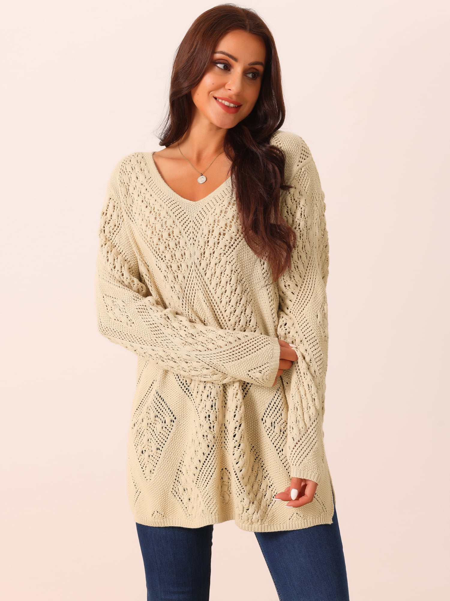 DARING DIVA Hollow Cable Knit Loose Casual Pullover Sweaters M Khaki