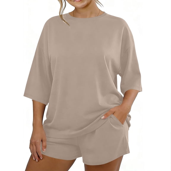 Bosfbaoi 2-Piece Pajamas for Women Set Oversized Womens Pajama Sets 3/4 Sleeve Crew Neck T-Shirt Elastic Waist Shorts Soft Loungewear Sleepwear